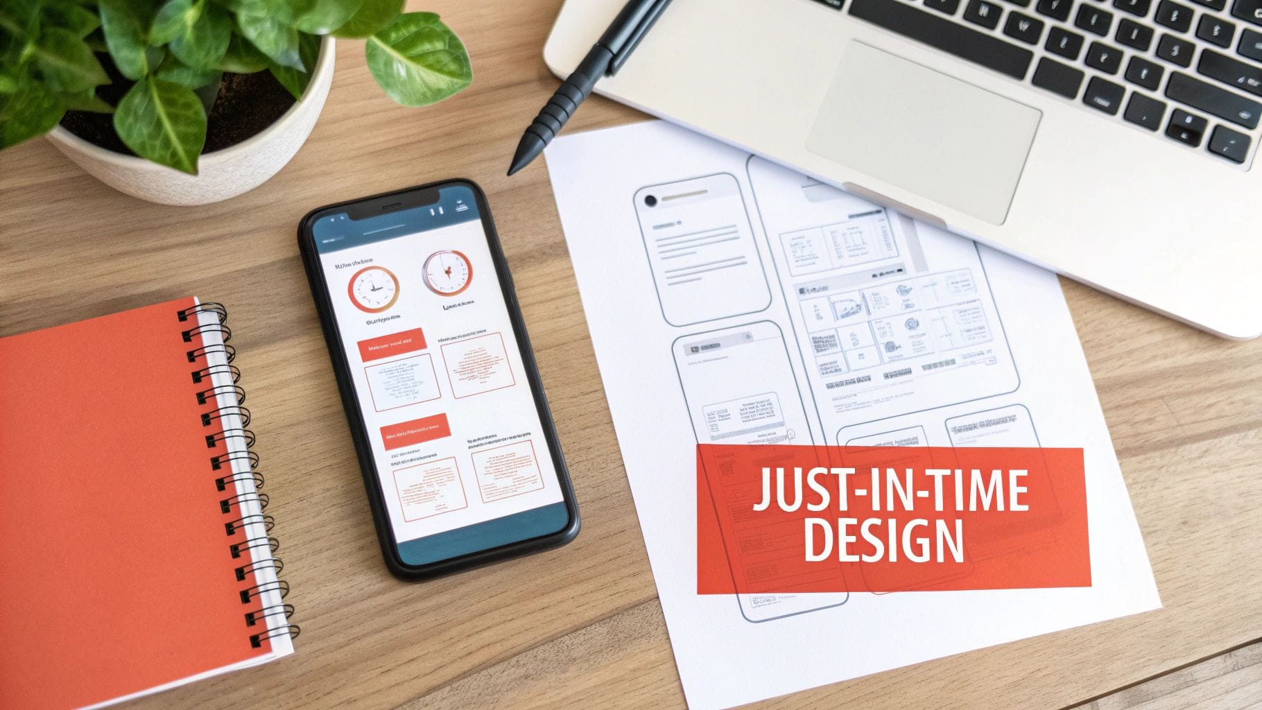 A smartphone displays a mobile app design. Nearby, a spiral notebook, a pen, and printed sketches of app interfaces rest on a wooden table, emphasizing just-in-time design.