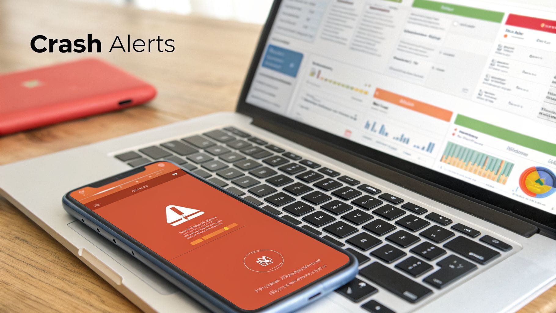 A smartphone displaying a crash alert sits on a laptop keyboard, alongside a dashboard with colorful analytics and data visualizations in the background.