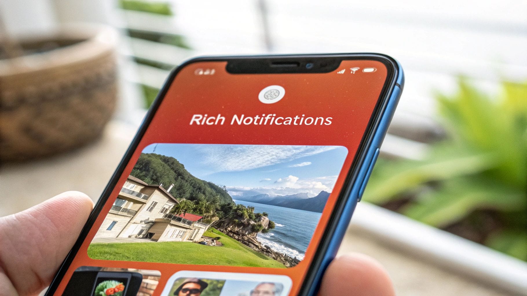 A hand holding a smartphone displays a screen titled "Rich Notifications," featuring a vibrant landscape image and small thumbnails of photos below. Background elements are blurred.