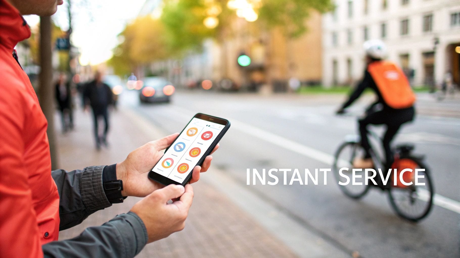 A person in a red jacket holds a smartphone displaying various app icons while a cyclist in an orange delivery vest rides by on a city street. Text overlay reads “INSTANT SERVICE.”