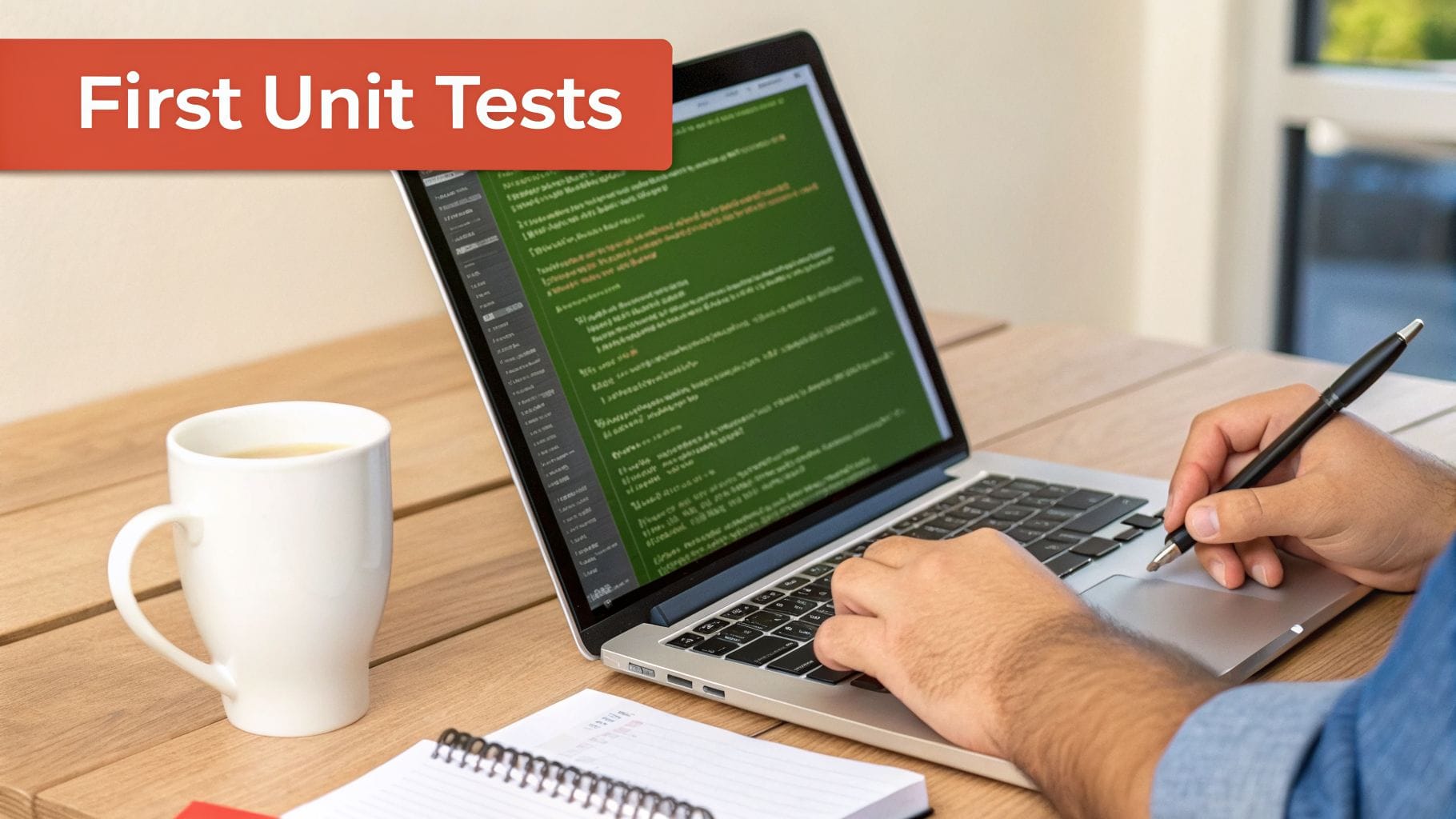 A person typing on a laptop with green code displayed on the screen. A white mug and a notebook are on the wooden table beside the laptop. A red banner reads "First Unit Tests.
