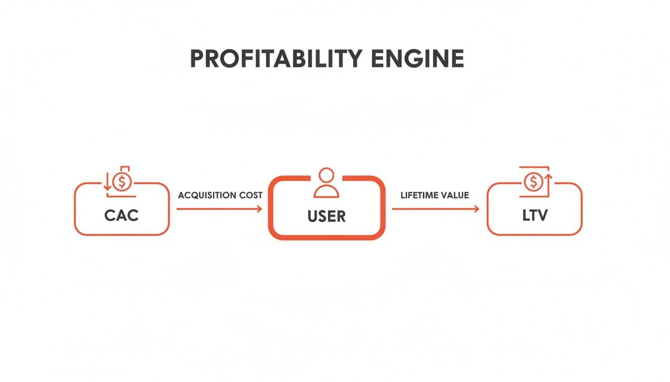 Diagram illustrating the "Profitability Engine" concept, featuring boxes labeled CAC (Customer Acquisition Cost), USER, and LTV (Lifetime Value) with directional arrows indicating relationsh