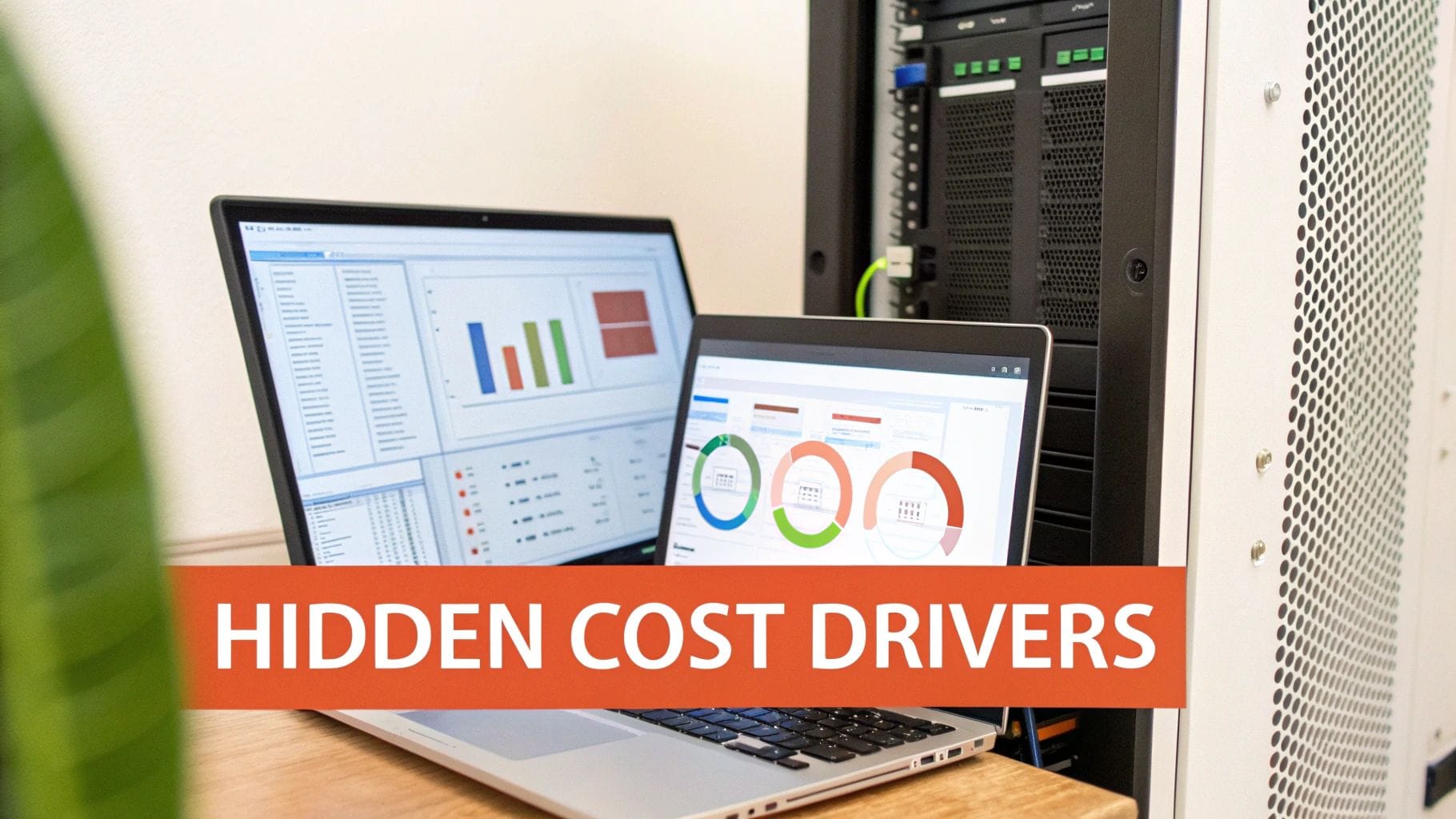 A laptop displays charts and graphs next to a second screen, while a data server is positioned in the background. The text overlay reads "HIDDEN COST DRIVERS.