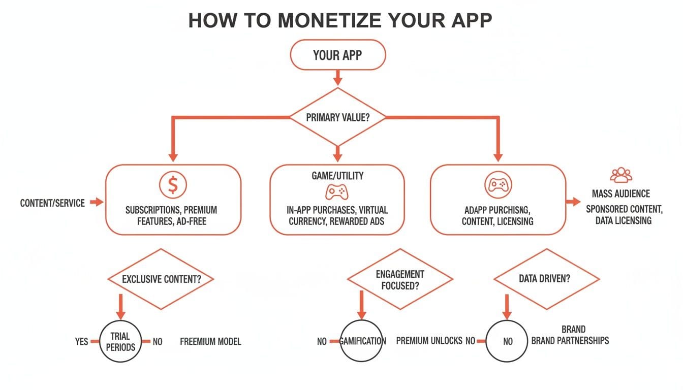Flowchart detailing monetization models for mobile apps, showing categories like subscriptions, in-app purchases, and advertising, with arrows indicating decision paths and outcomes.