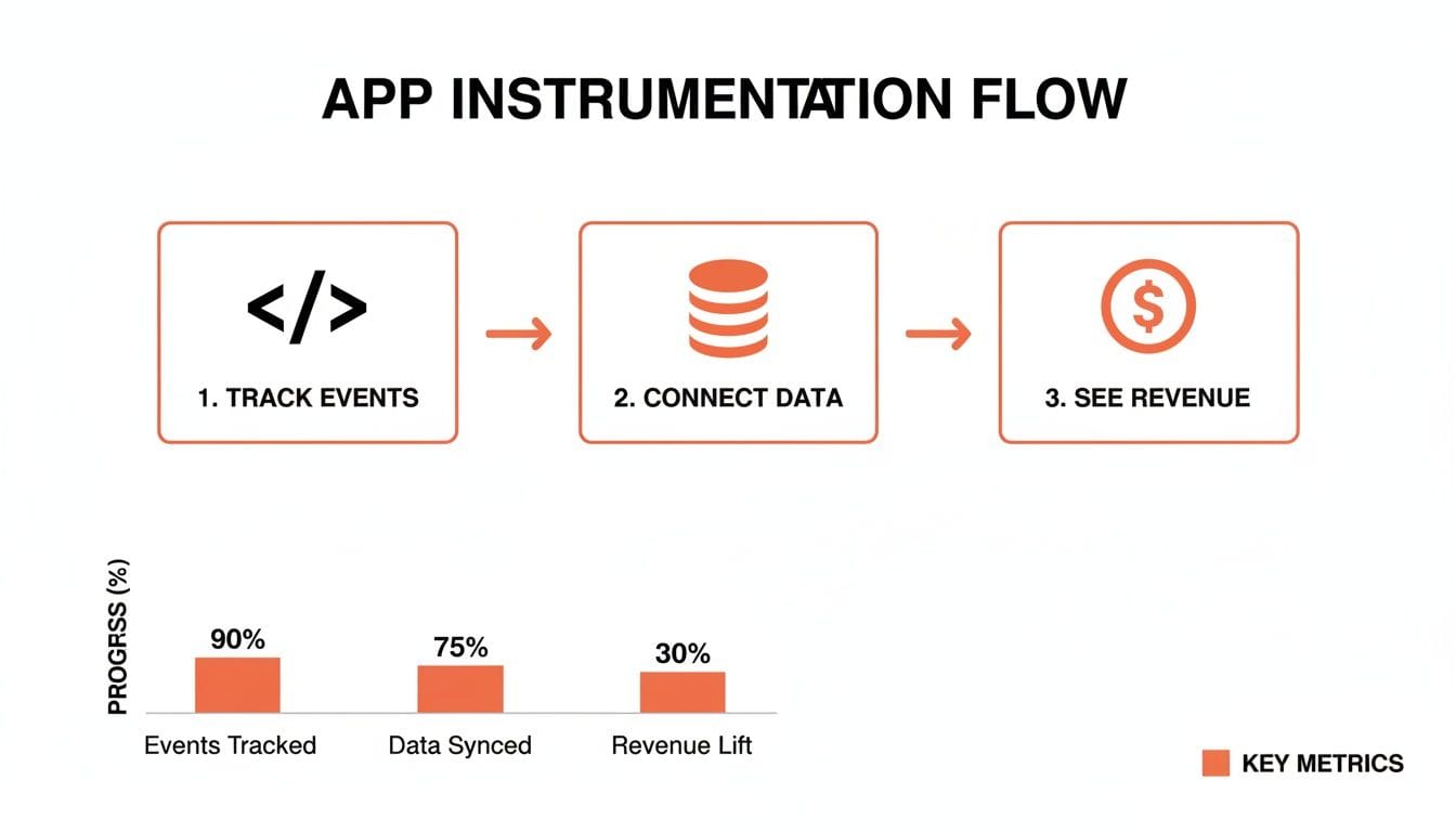 Flowchart illustrating the app instrumentation process with three steps: "Track Events," "Connect Data," and "See Revenue," along with progress percentages for tracked events, data synced, a
