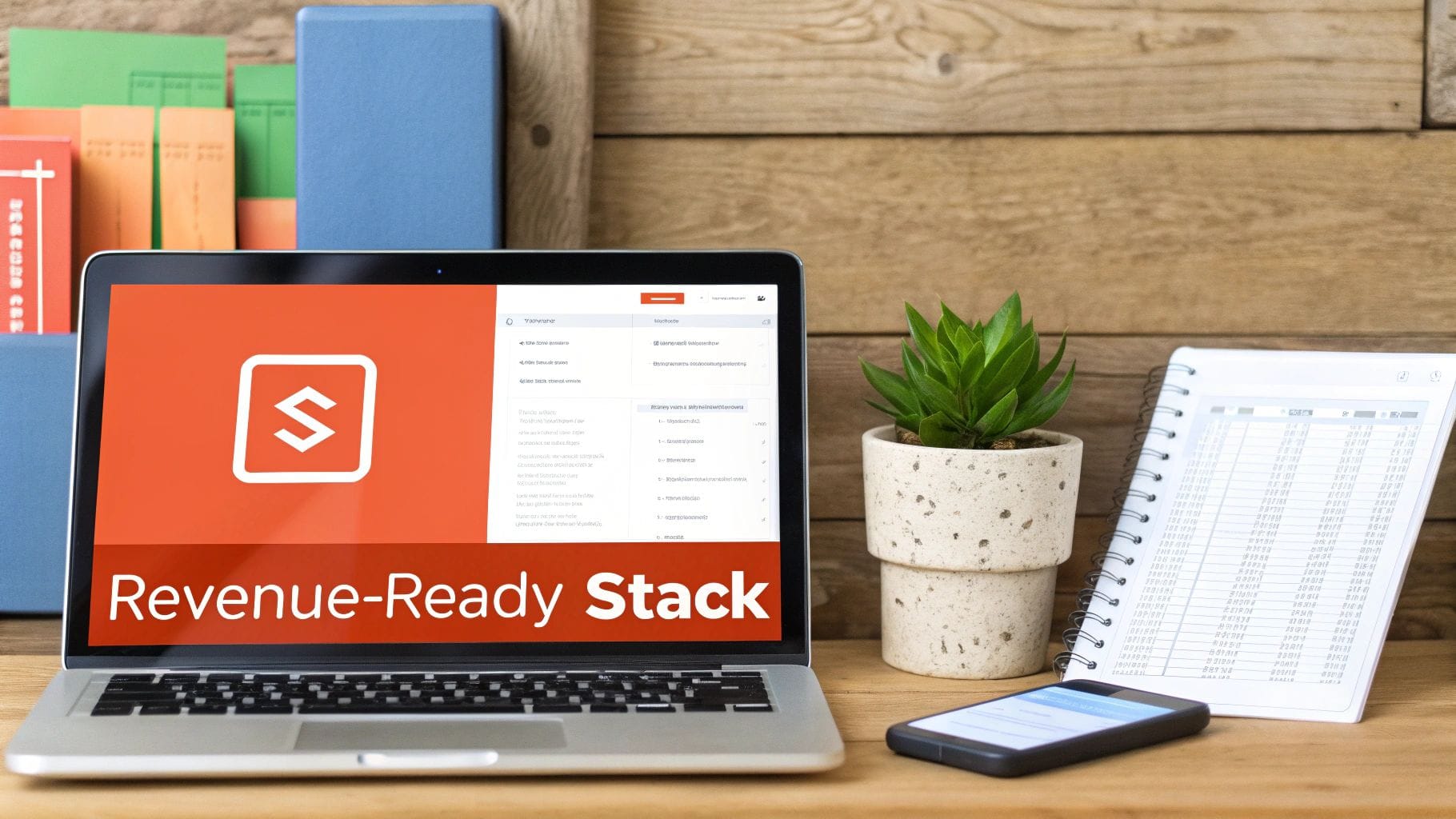 A laptop displays the text "Revenue-Ready Stack" on a bright orange background. Nearby, there’s a small potted plant, a smartphone, and a spiral-bound notebook with visible data tables.