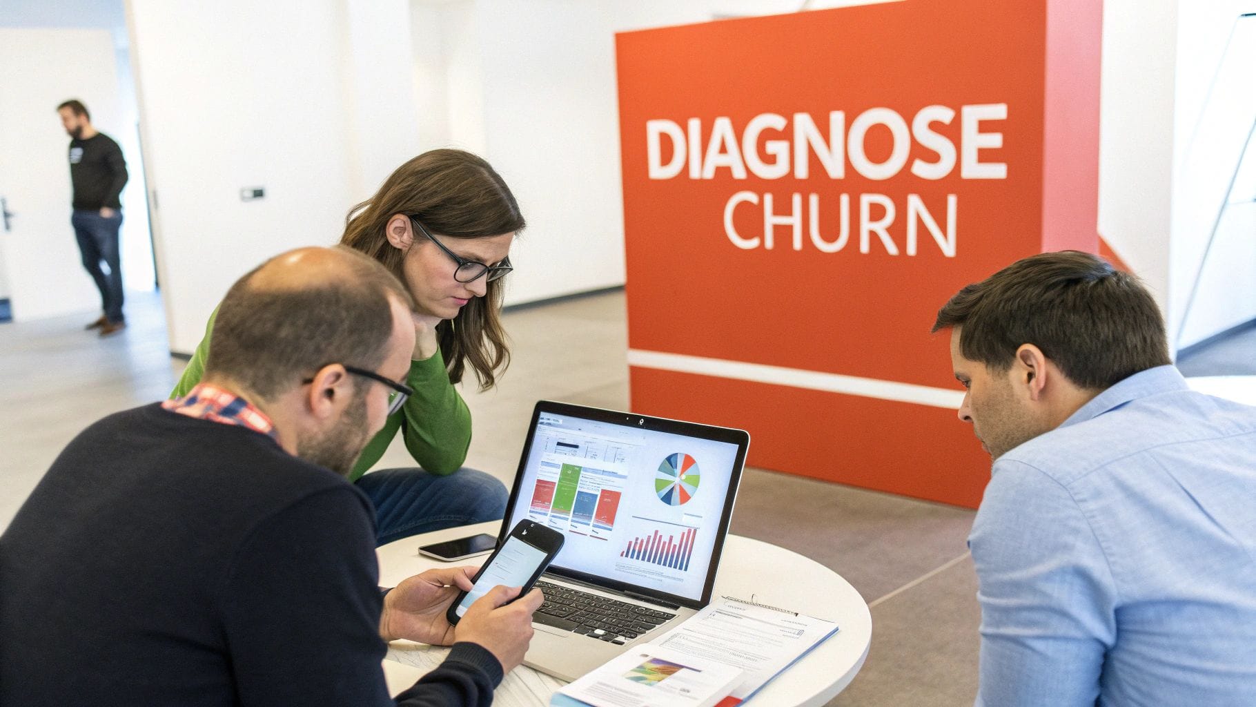 Three professionals reviewing data on a laptop and phone, with colorful charts displayed. A large red sign in the background reads "DIAGNOSE CHURN.
