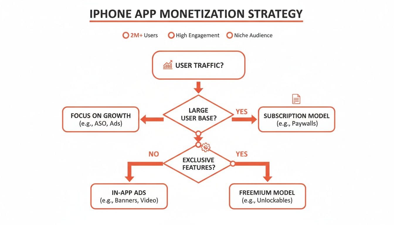 Flowchart detailing different monetization strategies for iPhone apps. It includes paths for user traffic, user base size, and options like in-app ads, subscription models, and freemium feat
