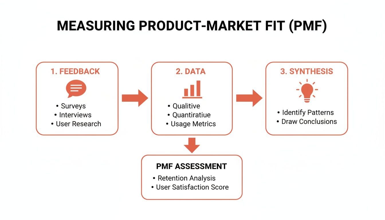 Flowchart outlining the steps to measure product-market fit: 1. Feedback (surveys, interviews, user research), 2. Data (qualitative, quantitative, usage metrics), 3. Synthesis (identify patt