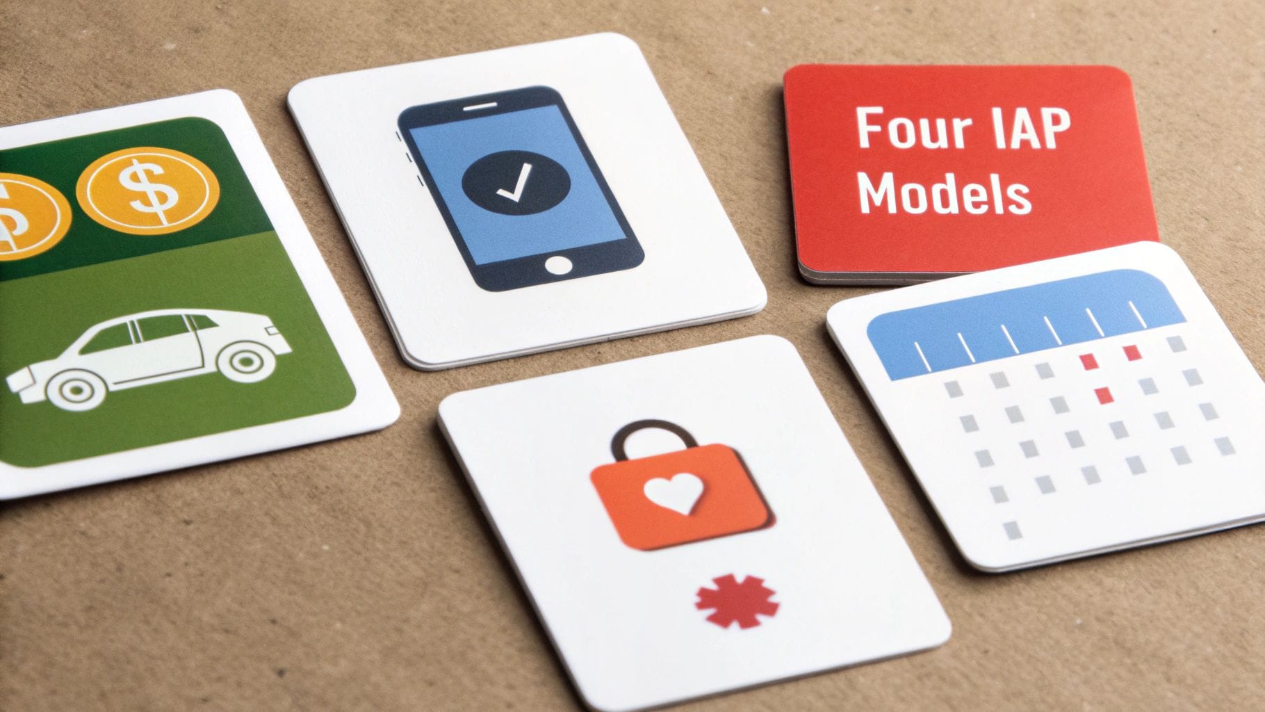 Five colored square cards are displayed on a brown background. Each card features icons related to mobile payments, including a phone, a car, a lock with a heart, and a calendar, with text o