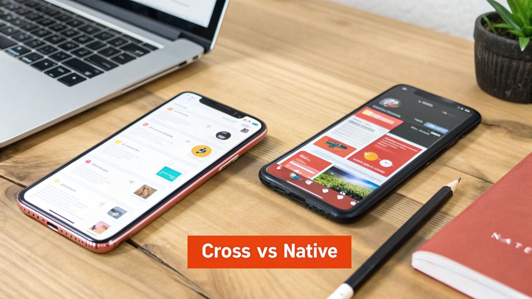 Two smartphones displaying different app interfaces are placed on a wooden desk beside a laptop, a pencil, and a notebook. A bold caption reads "Cross vs Native.