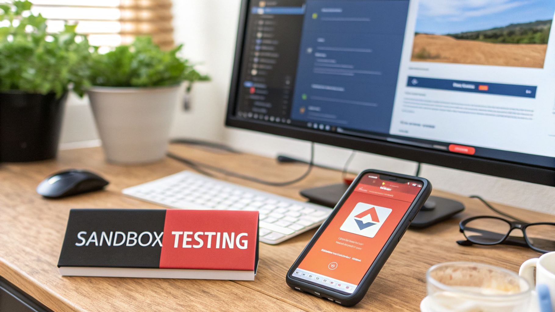 A wooden desk features a smartphone displaying an app screen, a keyboard, a mouse, and glasses. A sign reading "SANDBOX TESTING" sits prominently in the foreground, with potted plants in the