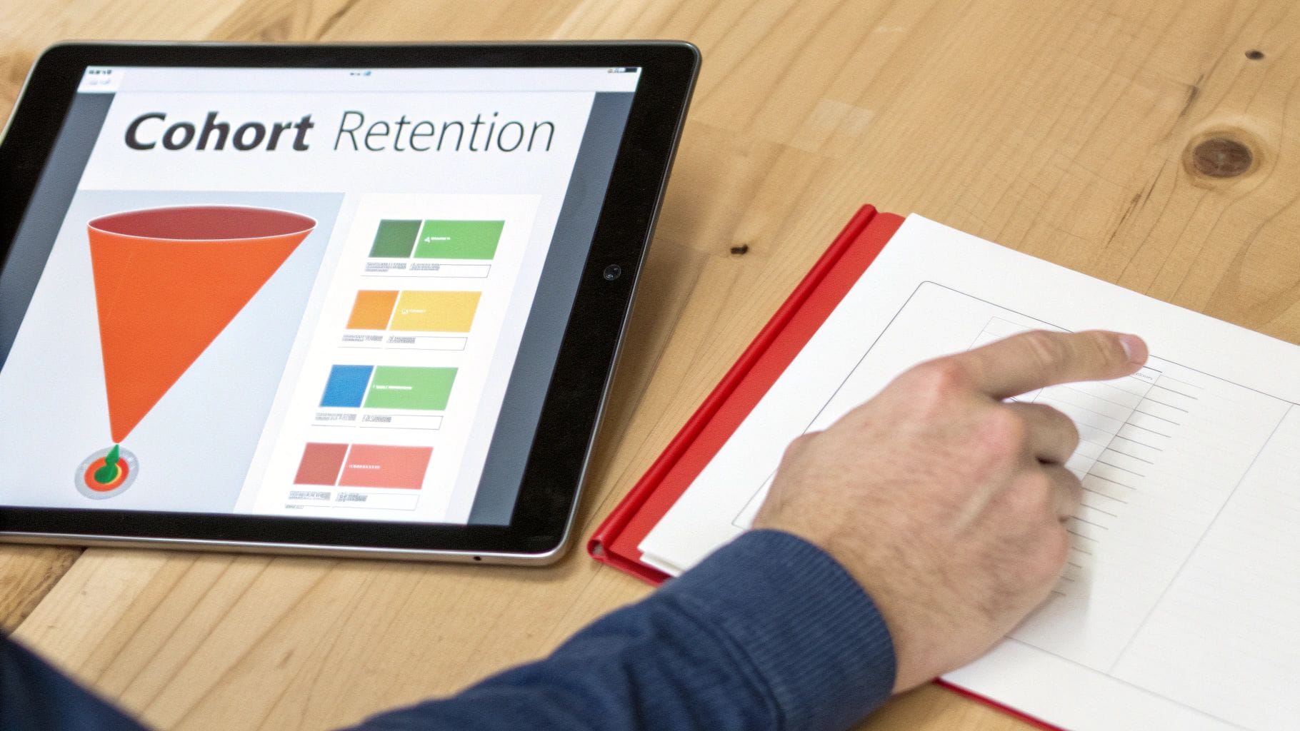 A tablet displays a funnel graphic with "Cohort Retention" and colorful data on one side, while a hand points to a lined notebook on a wooden table.