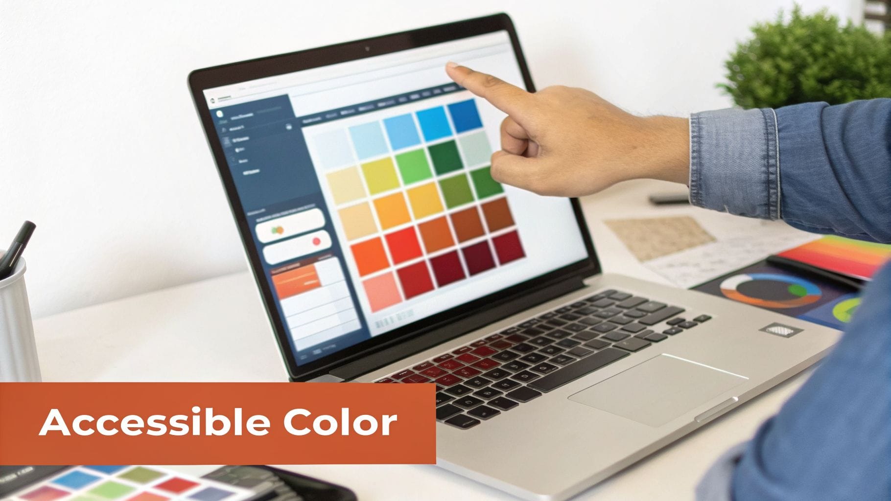 A person's hand points to a color palette displayed on a laptop screen. Surrounding the laptop are stationery items and a small green plant, emphasizing a creative workspace.