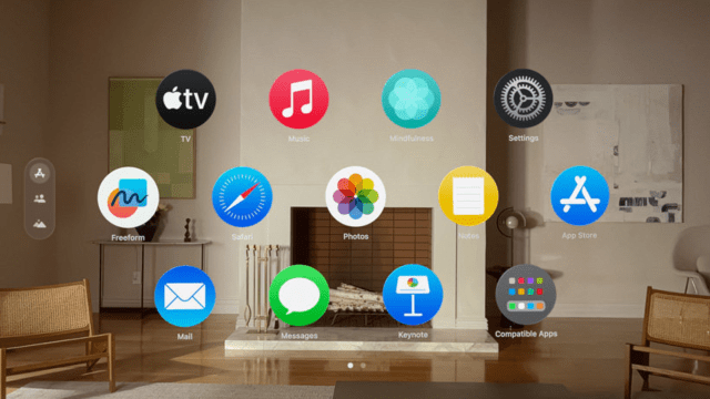 A digital interface displaying various app icons, including TV, Music, Mindfulness, Settings, and more, in a modern room with a fireplace and a chair.