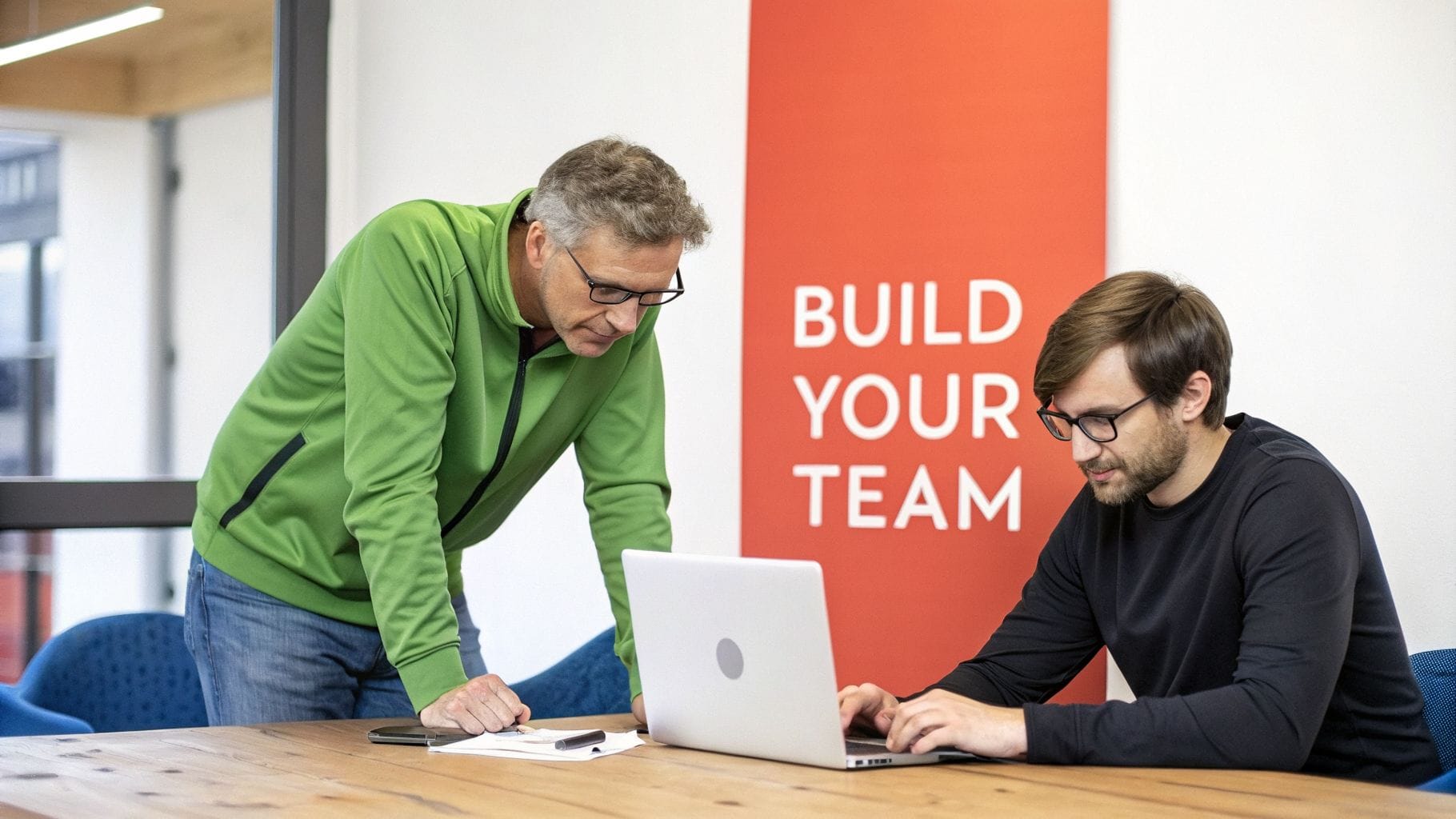 Two men collaborate at a wooden table, one leaning over a laptop while the other types. A red wall behind them displays the text "BUILD YOUR TEAM." Blue chairs are visible.