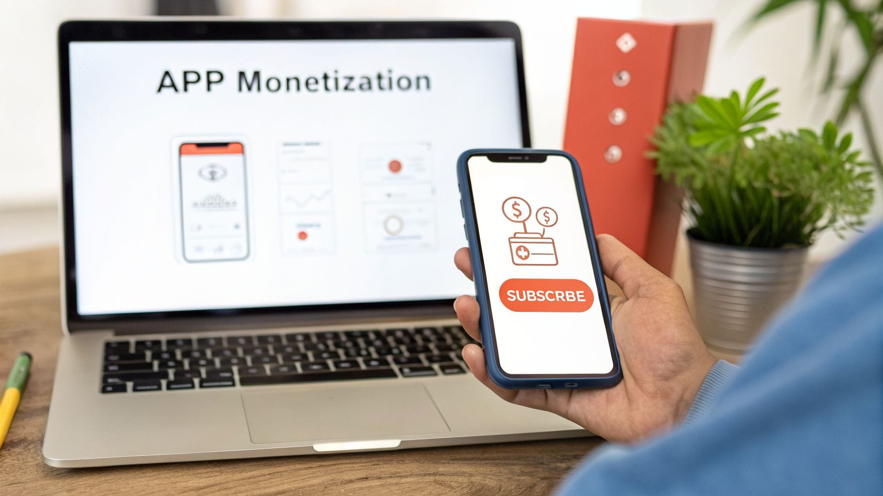 A smartphone displays a "Subscribe" button with dollar signs, while a laptop screen shows the text "APP Monetization" and various app analytics graphics. A potted plant is in the background.