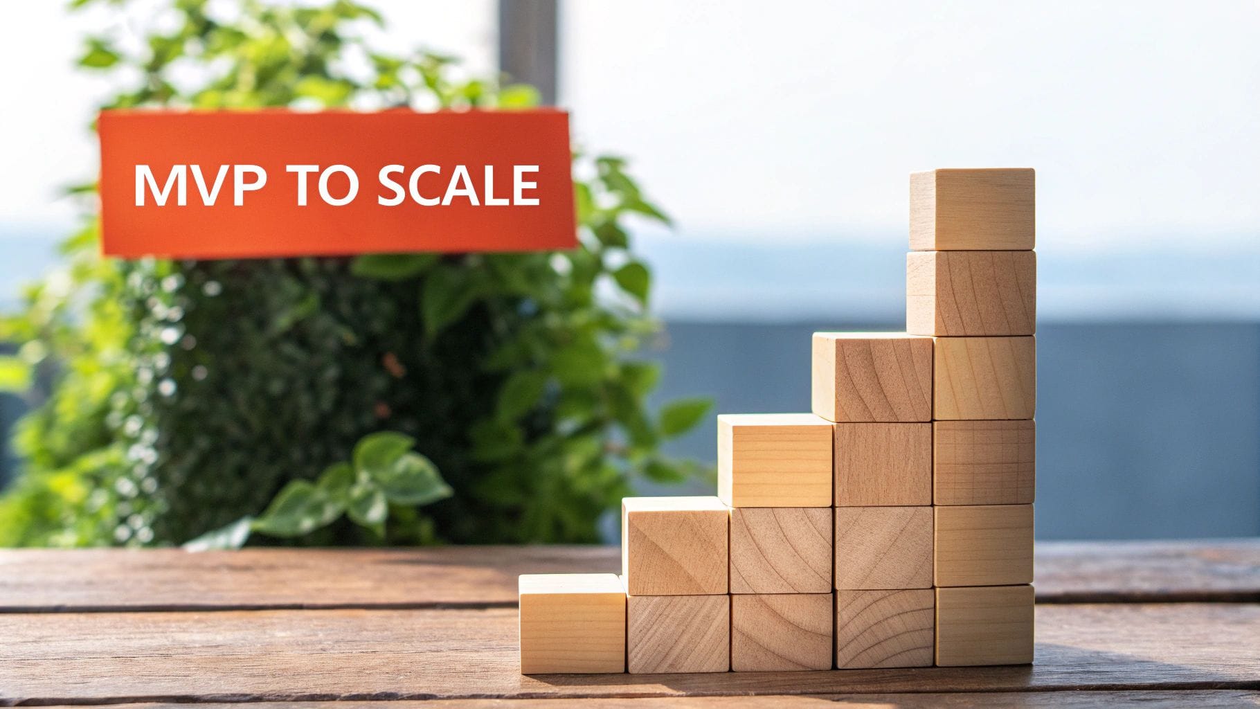 Stacked wooden blocks forming a staircase shape on a wooden surface, with a blurred background of greenery and a sign that reads "MVP TO SCALE.