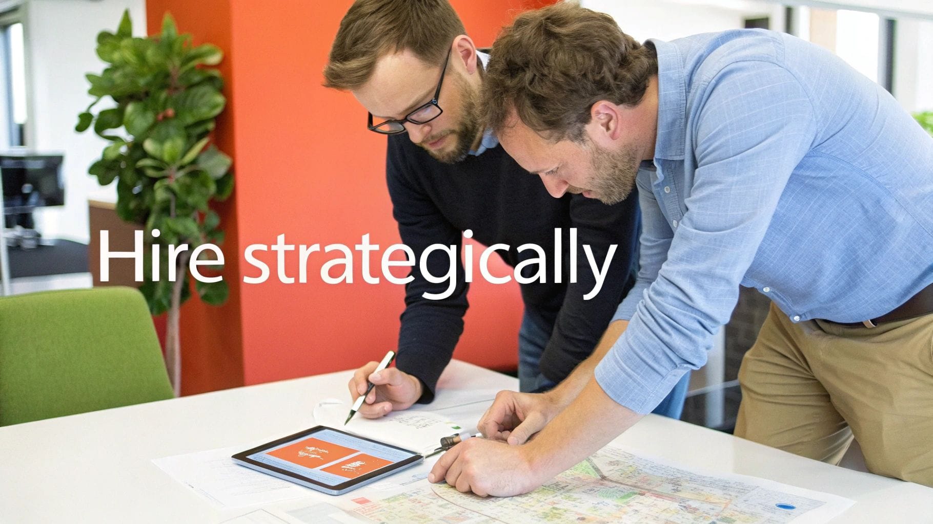 Two men are collaborating at a table, looking at a tablet and documents. One man is writing with a stylus, while the other points at a map. The background features greenery and a bold orange
