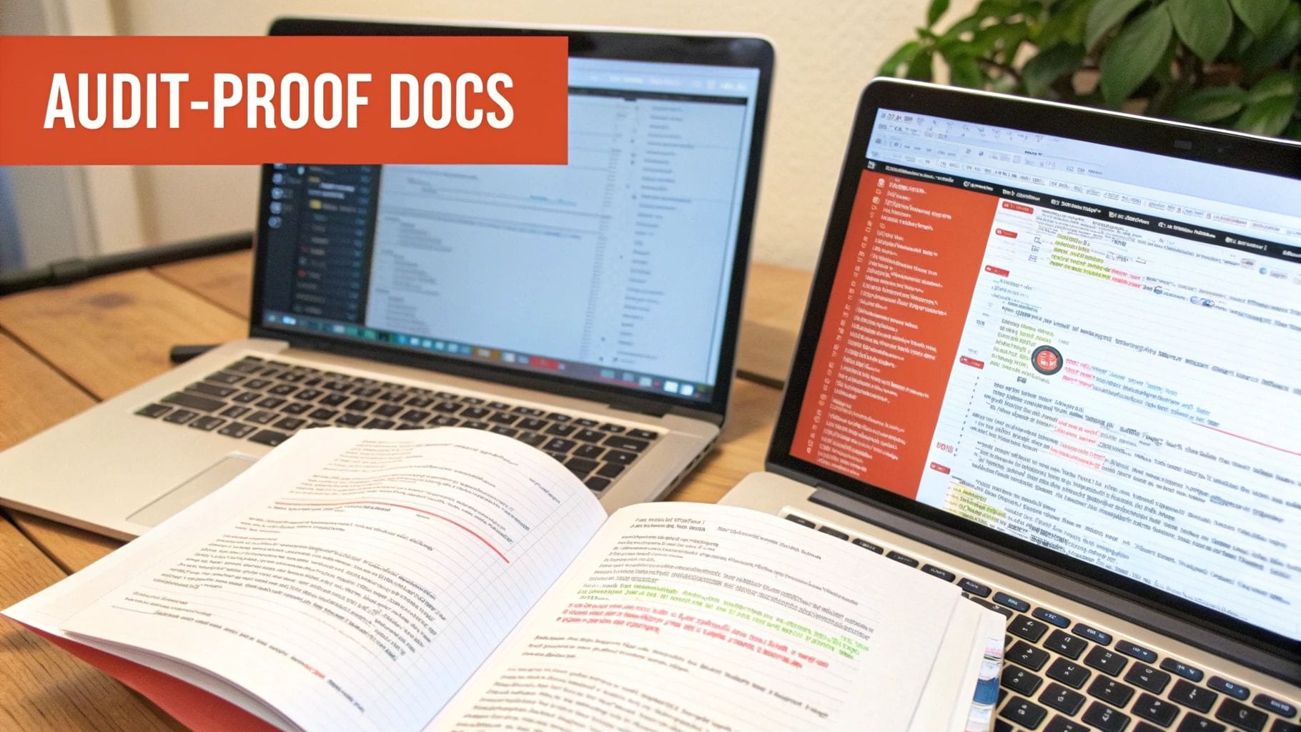 Two laptops on a wooden table, one displaying a software project list and the other showing annotated text documents, with an open notebook featuring handwritten notes and highlights.