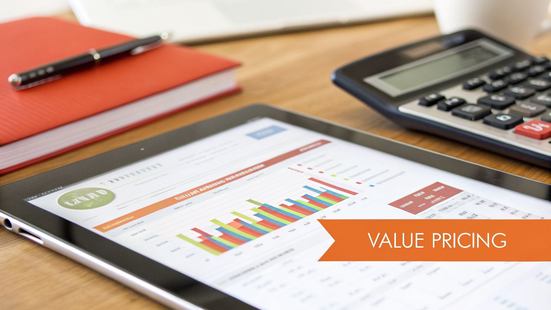 A tablet displaying colorful bar graphs and data tables related to pricing strategies, accompanied by a calculator and a red notebook on a wooden desk. An orange label reads "VALUE PRICING.