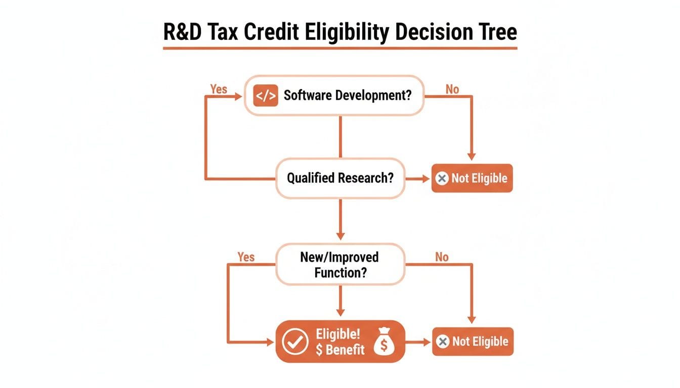 Decision tree illustrating eligibility for R&D tax credits in software development, showing the steps: Software Development, Qualified Research, and New/Improved Function, leading to eligibi