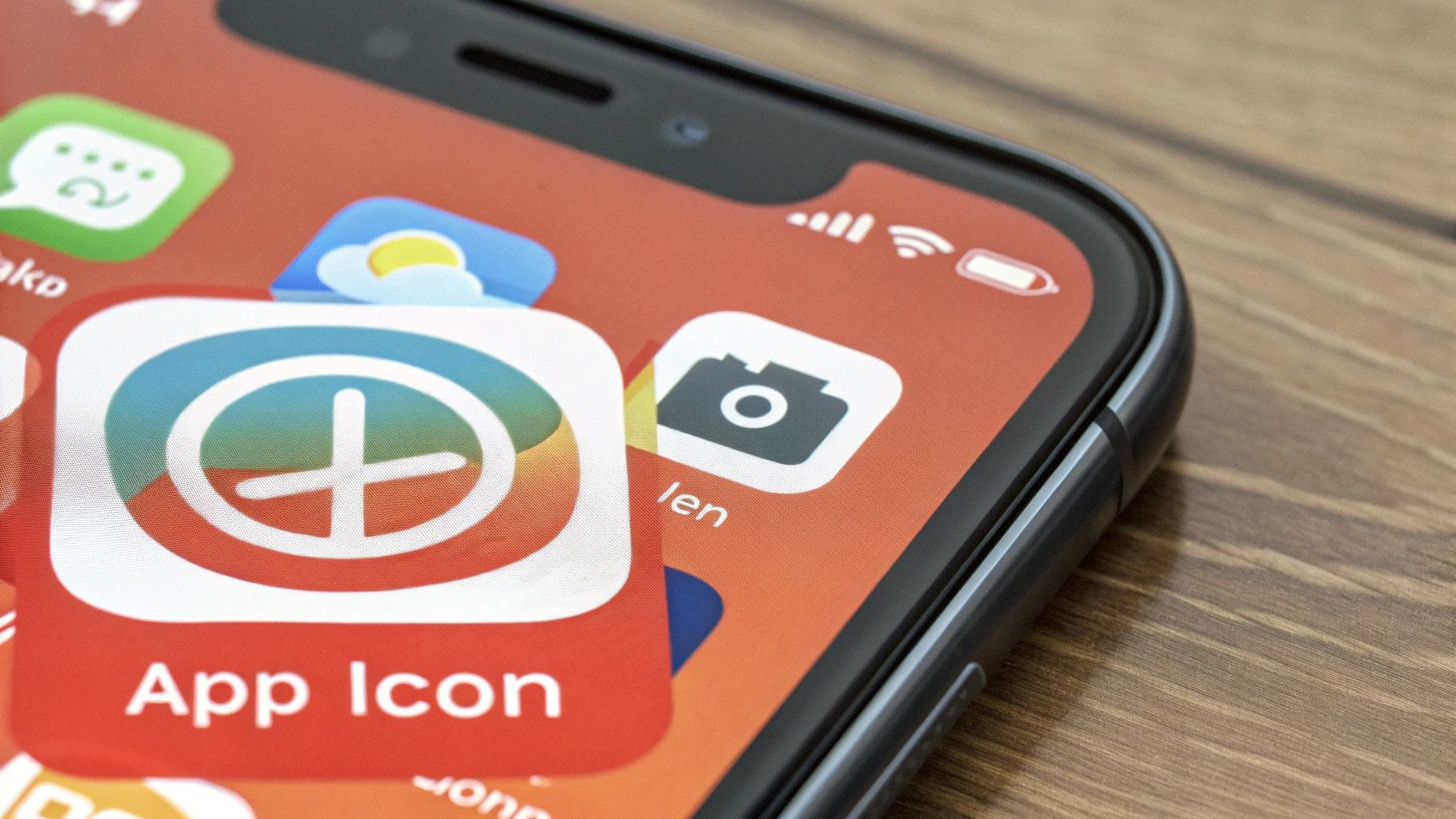 A smartphone screen displaying various app icons, prominently featuring a colorful app icon labeled "App Icon" with an illustrative design. The background is wood-textured.