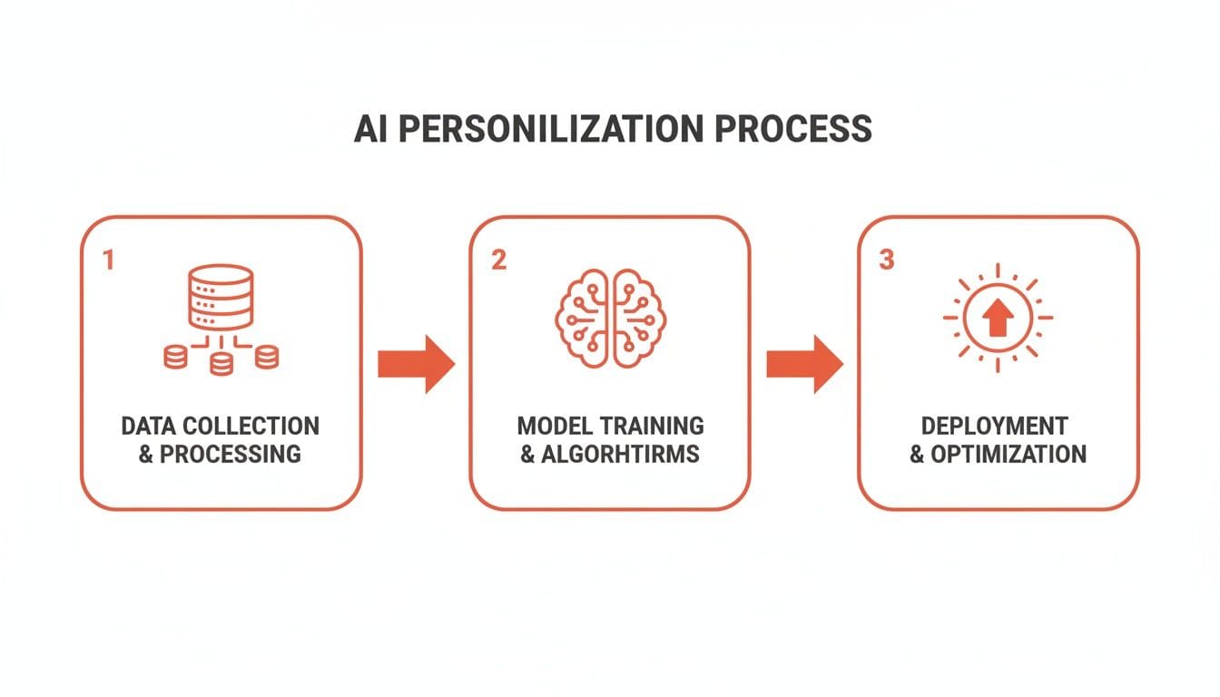 Flowchart illustrating the AI personalization process with three steps: 1) Data Collection & Processing, 2) Model Training & Algorithms, and 3) Deployment & Optimization, connected by arrows
