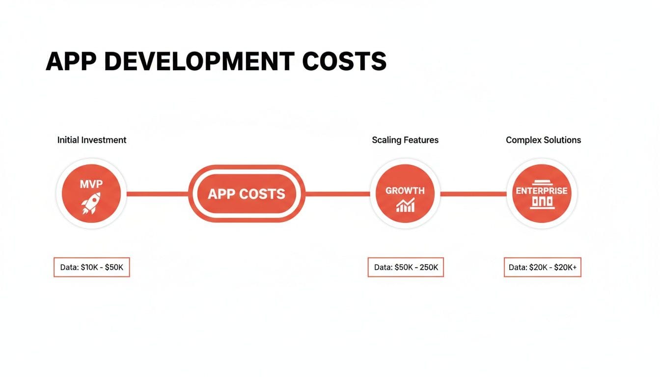 Flowchart illustrating app development costs, featuring three segments: Initial Investment (MVP), Scaling Features (Growth), and Complex Solutions (Enterprise), with associated cost ranges u
